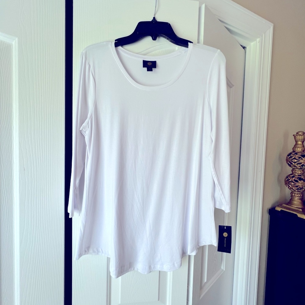 JM Collection Tees Bright White Scoop Neck 3/4 Sleeve Top Size XS, NWT.
